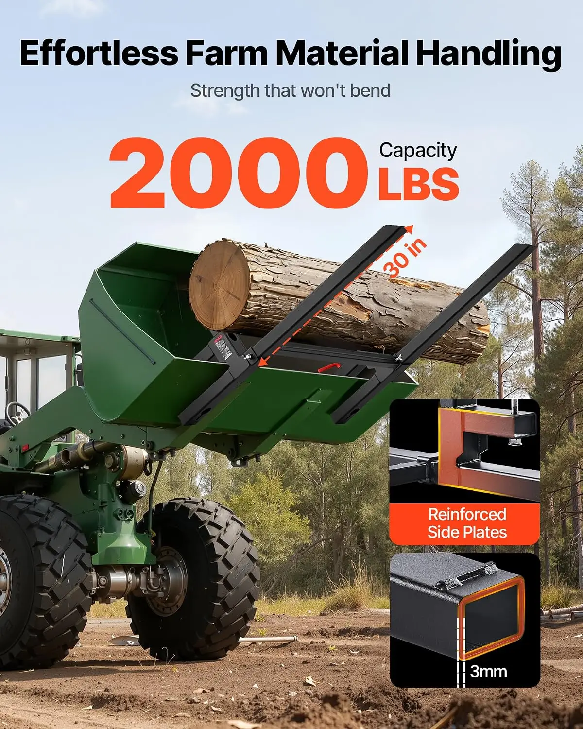 Pallet Forks, 2000 lbs Clamp on Pallet Forks, 43-Inch Total Length Heavy-Duty Tractor Fork with Adjustable Stabilizer Bar for Tr