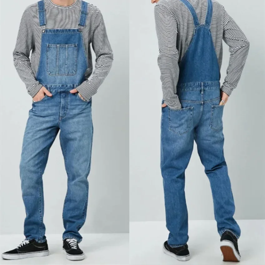 Men Street Casual Suspenders Pants 2024 Straight Long Jeans Male Splicing Pockets Denim Trousers Vintage Washed Overalls