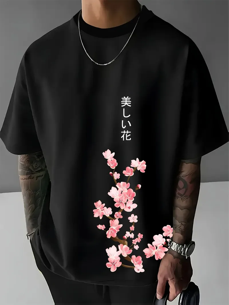 2026 New Men's Japanese Sakura Printed Casual T-shirt - Y2K Style Loose Breathable Short Sleeve Top with Lavender Flower Pattern