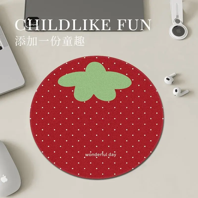 Cartoon Strawberry Round Rubber Small Cute Kawaii Fun Mouse Pad Anti Slip Portable For Office Computer Desk Study Dorm Student