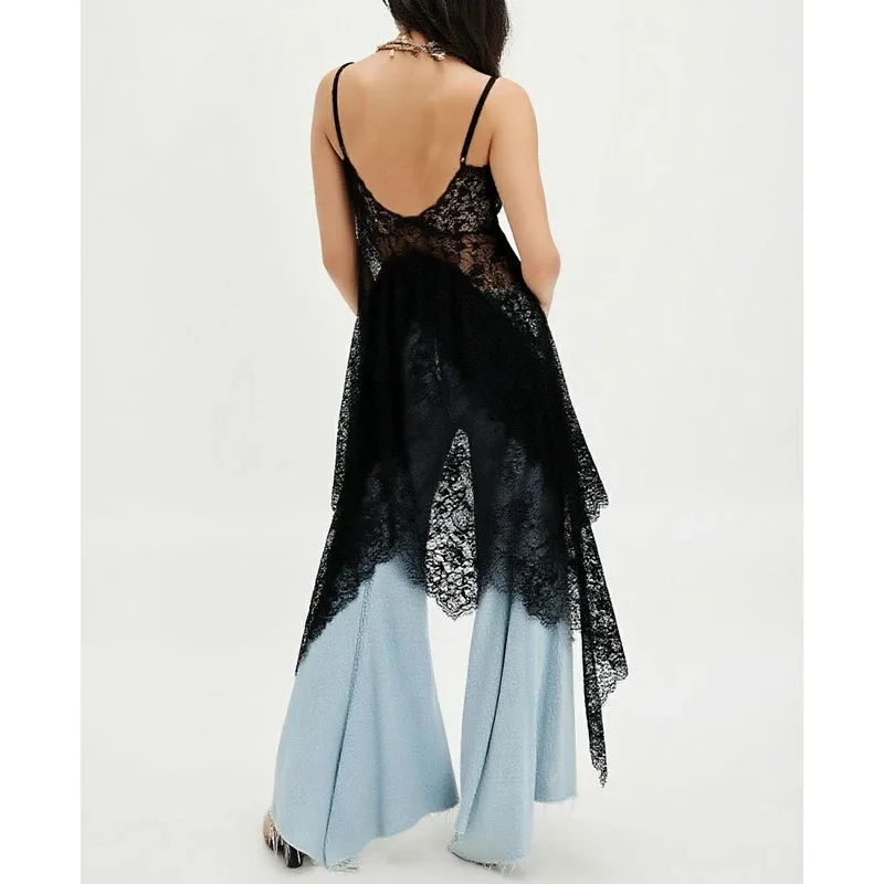 Women Chic Sleeveless Button-up Slit Front Camisoles y2k Floral Lace See-through Ruffle Layered Irregular Hem Shirt Cami Dress