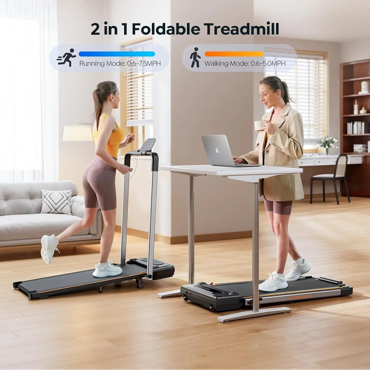 Treadmill with 7% Incline, Portable Under Desk Folding Walking Pad 0.6-7.5mph with Handle, Remote and App, 265lbs,No As