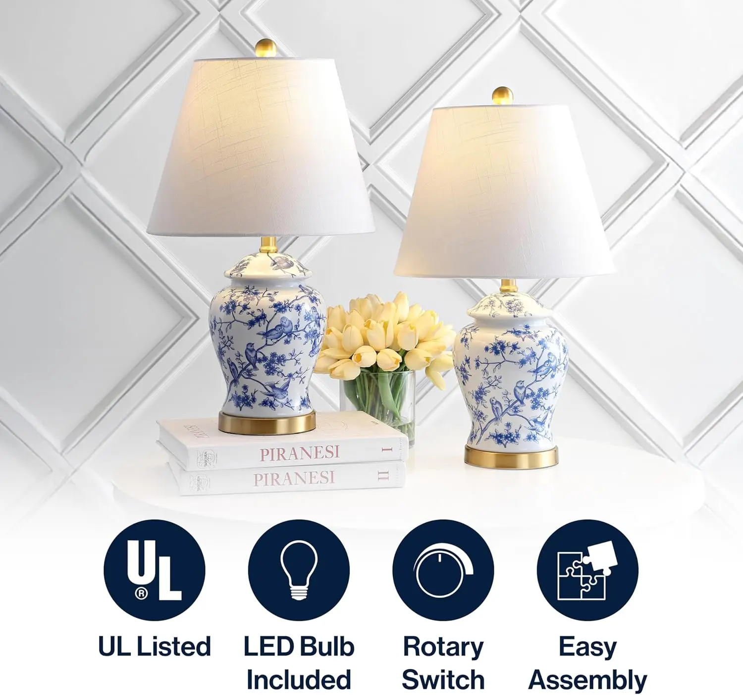 Set of 2 Blue/White Chinoiserie Table Lamps, 22" Traditional Design for Bedroom, Living Room, Office