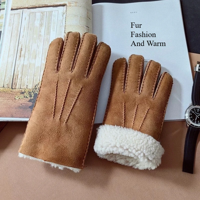 Unisex Winter Genuine Shearling Wool Gloves Cold Weather Leather Glove Handmade Thick Soft Warm