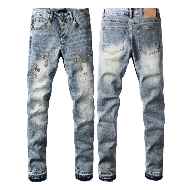 

Cross Rhinestone Baggy Jeans for Men Hot Drill Peal Denim Trousers Streetwear Harajuku Straight Loose Cargo Pants