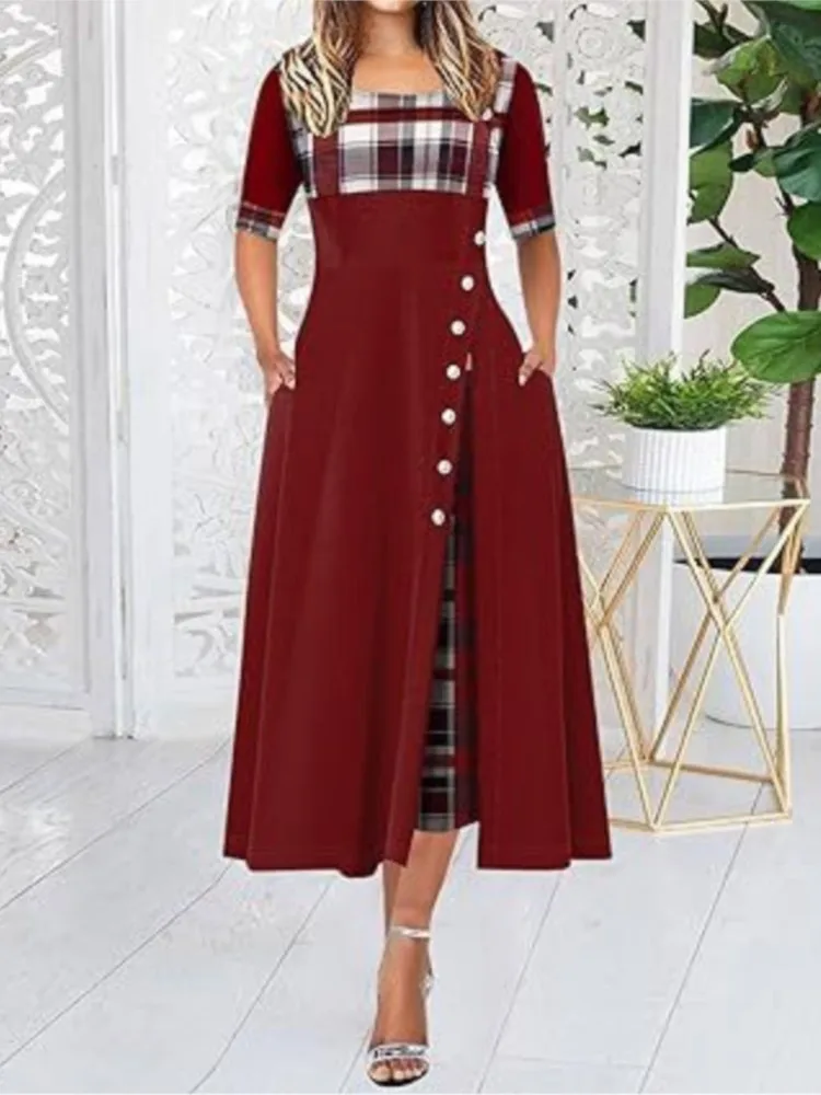 المرأة غير النظامية شعرية المرقعة فساتين طويلة أزرار خمر س الرقبة نصف الأكمام سيدة عادية التنقل فستان الموضة #4