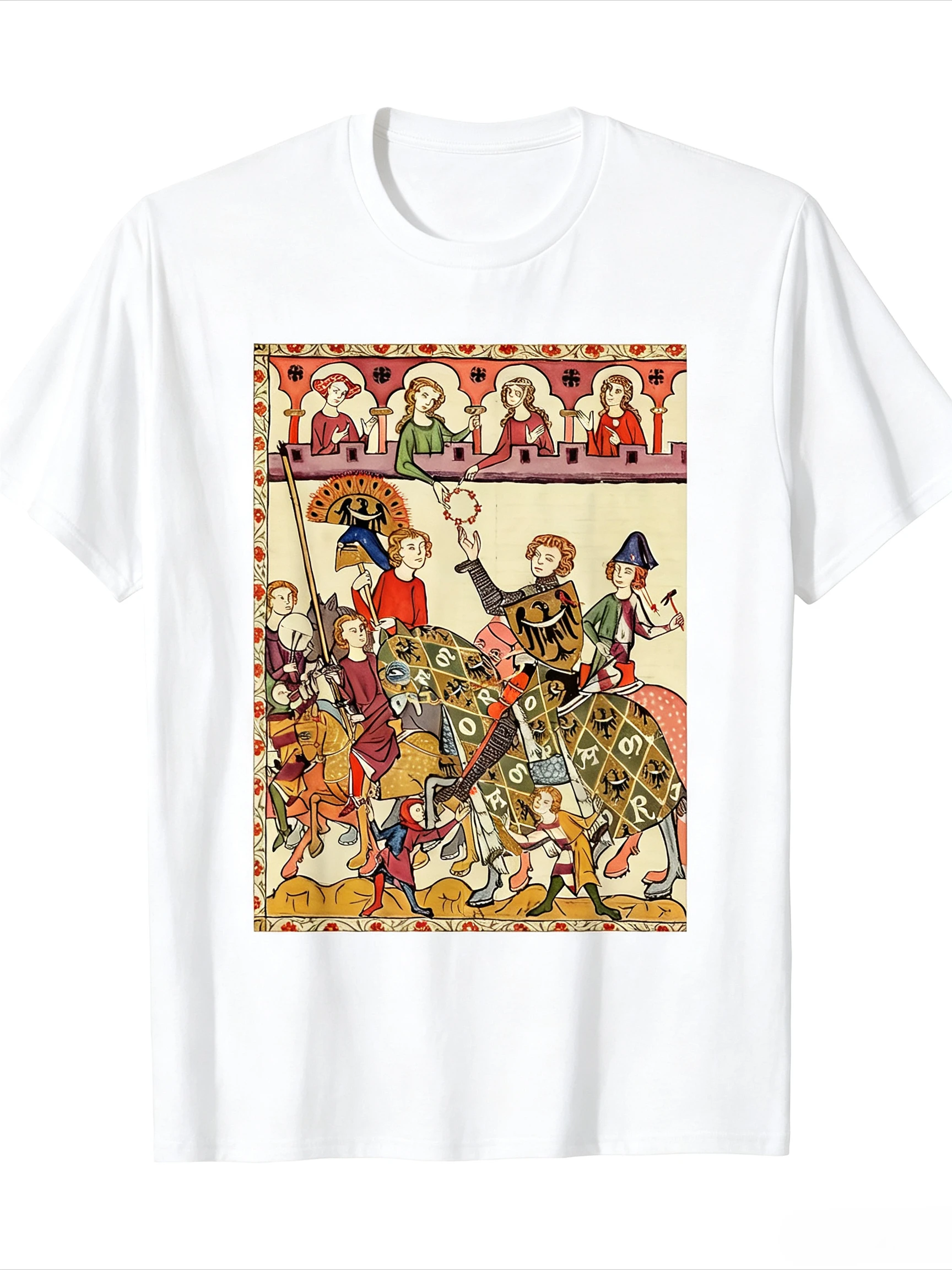 Men Women Vintage Medieval Knight Tournament Print Tshirt Old Manuscript Gothic Art History Lover Streetwear Tops