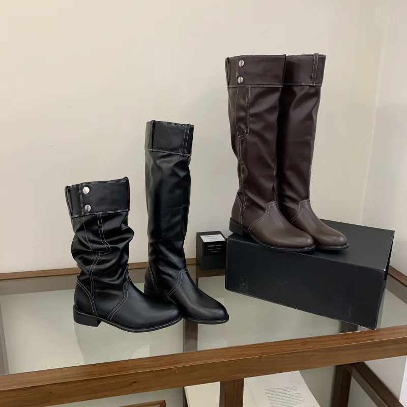 Purcoral 2026 Women Knee High Boots Square Toe Turn‑Down Cuff Metal Buttons Heel PU Leather Ladies Fall Winter Long Boots view 3