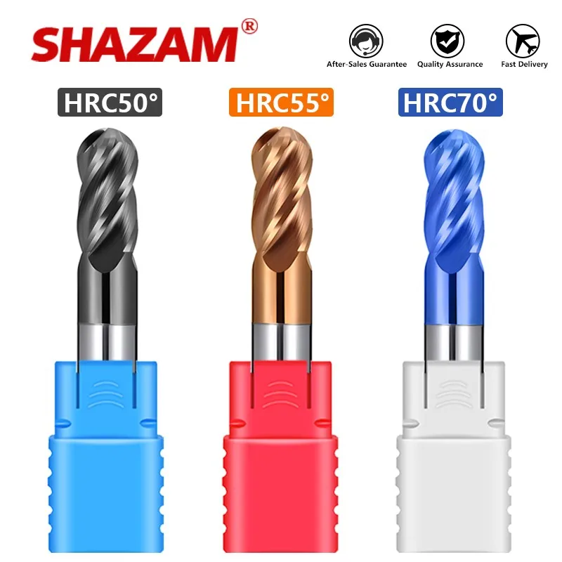 SHAZAM-Molino de extremo de bola de 4 flautas, herramientas de corte CNC de carburo de tungsteno, R0.5-R6.0mm, HRC50/55/70 para fresas de Material