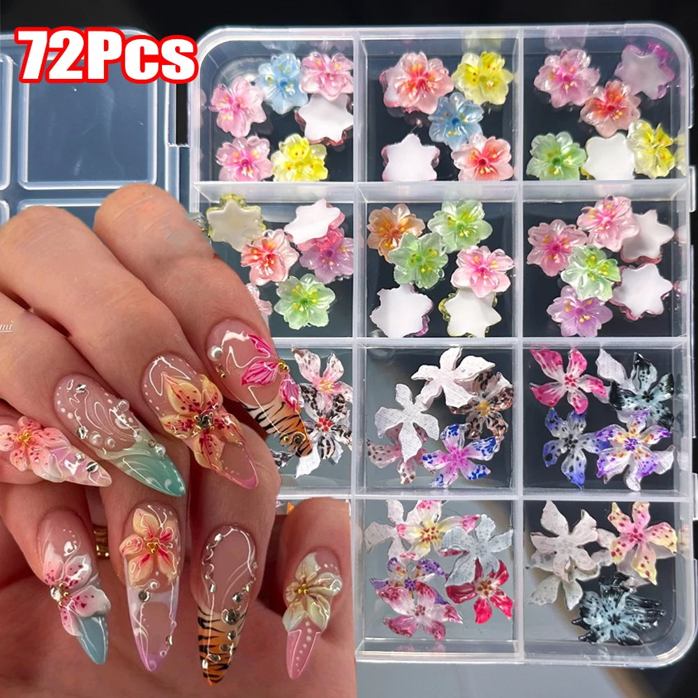 72Pcs/Box 3D Sakura Lily Soft Spotted Flowers Nail Charms Ice Crystal Gradient Leopard Print Flower Nail Rhinestone DIY Manicure
