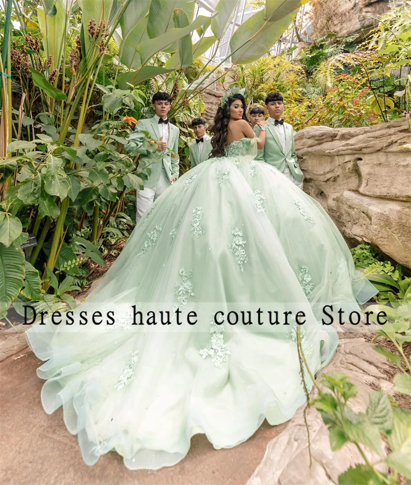 Mint Green Princess Quinceanera Dresses Ball Gown 2023 Off Shoulder Beaded Appliques Sweet 16 Dress Corset Vestidos De XV Años