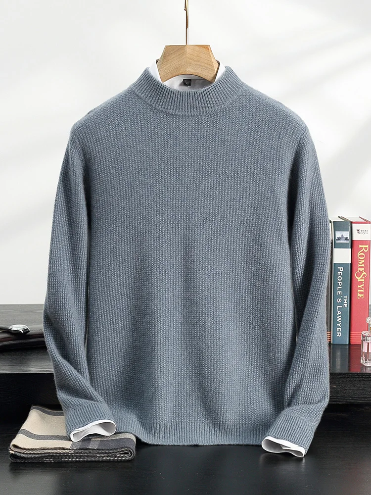 Autumn Winter New 100% Cashmere Sweater Men's Half High Collar Knitted Pullover Thickened Warm Jacquard Bottom Shirt Men's Wear