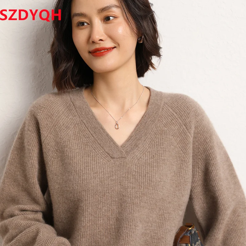 2023 Hot Sale Autumn Winter Women\'s 100% Cashmere Sweater V-Neck High Quality Soft Warm Pullover Female Loose Knitted Jumper