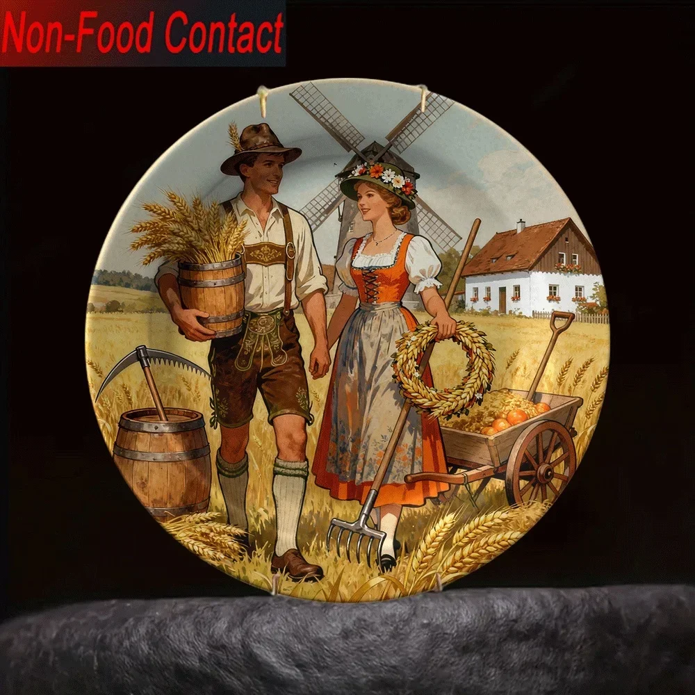 1pc German Bavarian Harvest Ceramic Decorative Plate - Non-Food Contact Round Tabletop Art with Traditional Bavarian Couple &