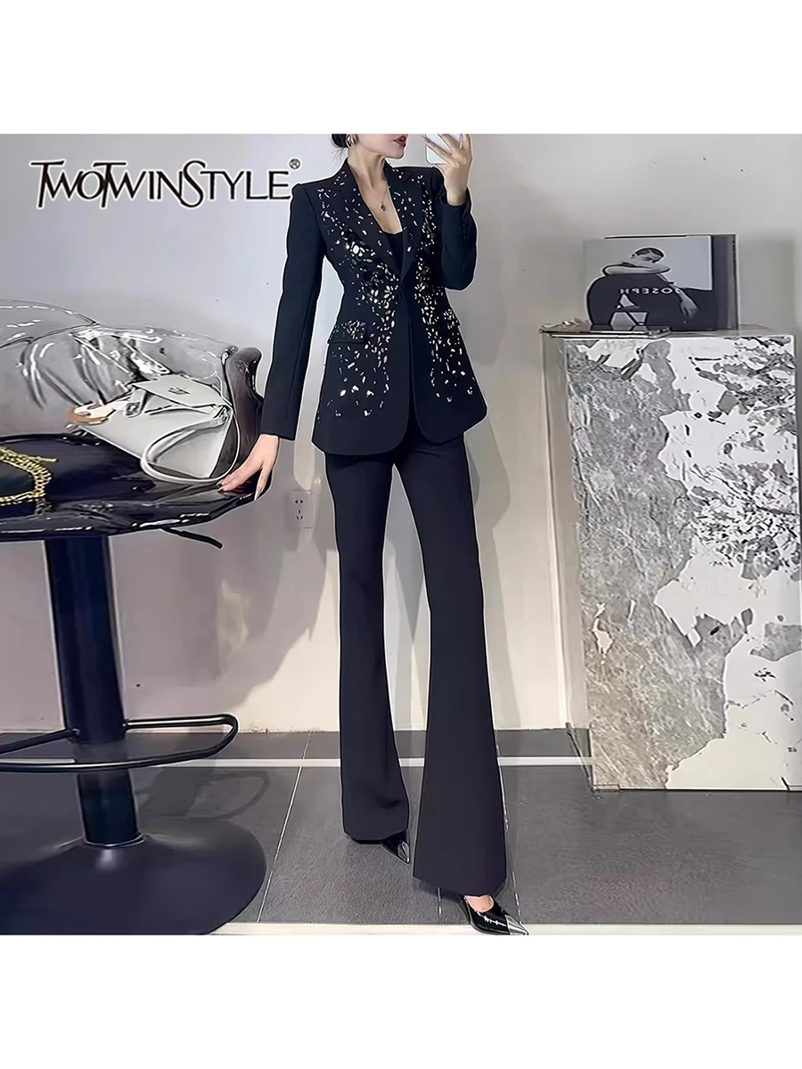 

TWOTWINSTYLE Solid Temperament Two Piece Sets for Women Lapel Long Sleeves Spliced Bead Top High Waist Skirt Female Clothing New