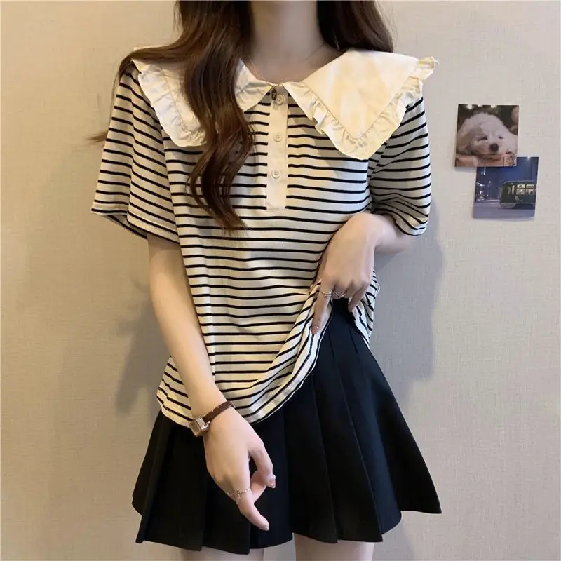 Summer New Casual Striped T Shirt Tops Short Sleeve Loose All-match Plus Size Youth Pullovers Vintage Fashion Women Clothing