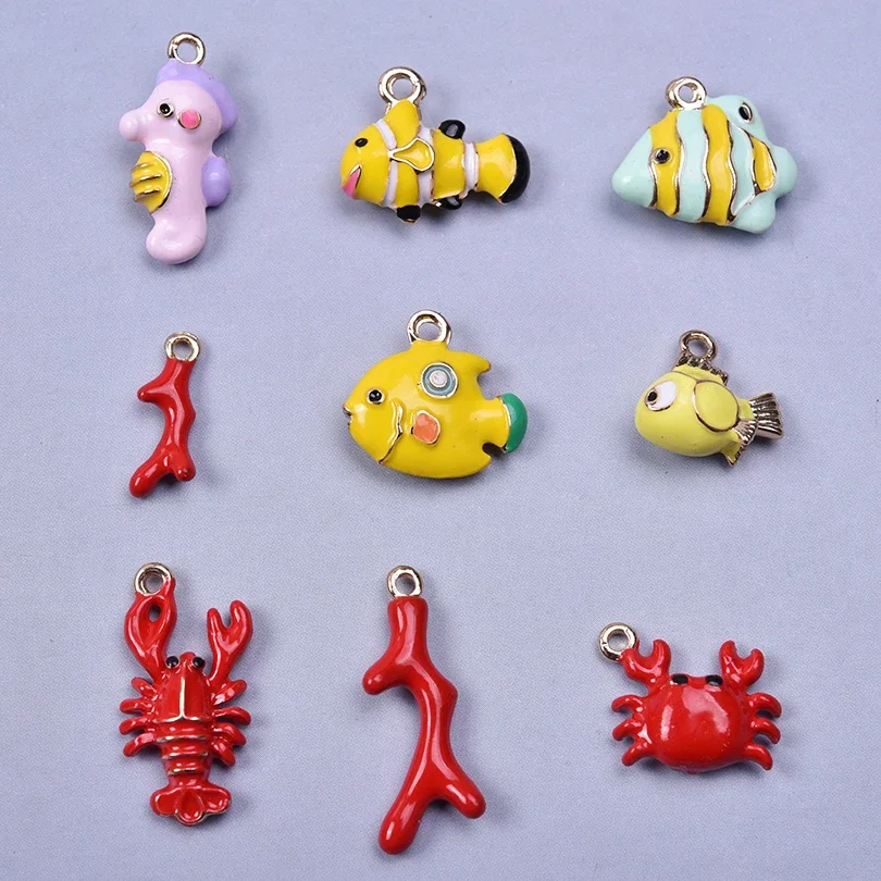 3/9Pcs Mix Styles Kawaii Cartoon Marine Life Crab Fish Seahorse Breloques Jewelry DIY Marine Life Animal Pendant Material Bulk