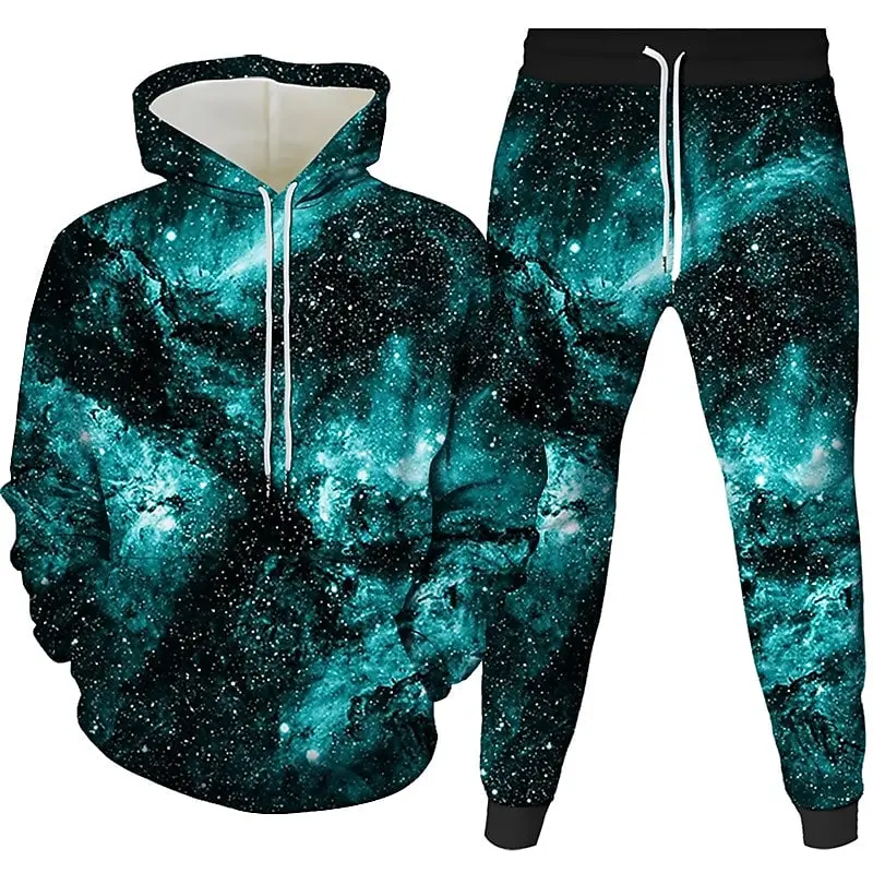 

Men's 3D Galaxy Star Print Hoodies 2-Piece Fashion Hooded Sweatshirt Pants Set Outdoor Casual Sportswear Unisex Tracksuit Outfit