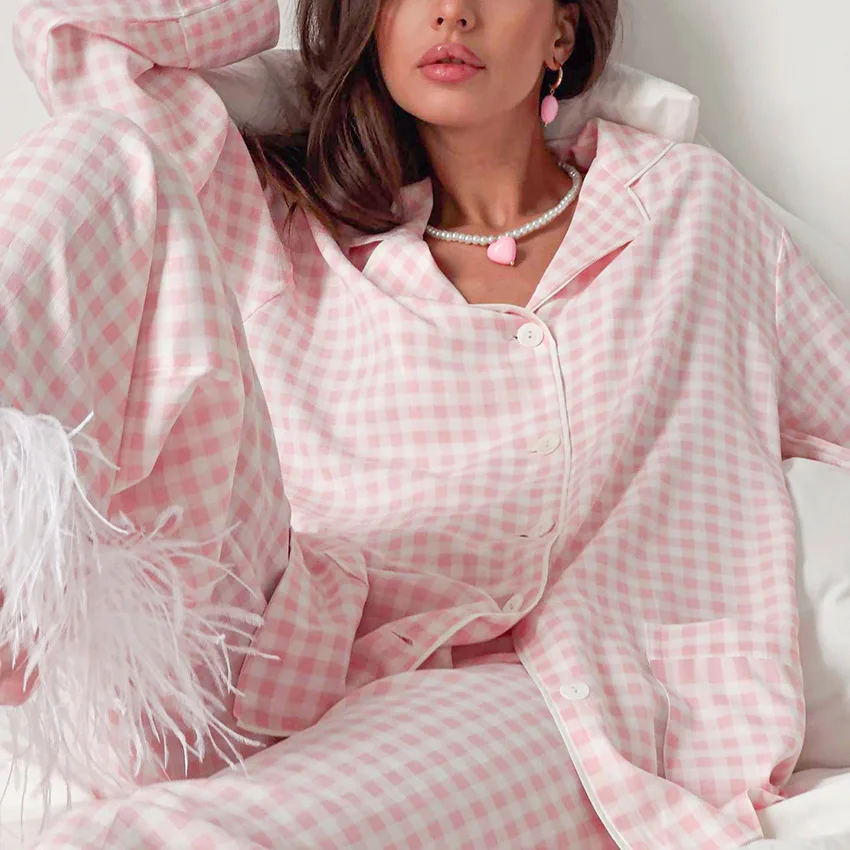 Women\'s Plaid Print Pajama Set Long Sleeve Satin Ladies Sleepwear 2 Pcs with Pant Single Breasted Silk Like Pijama for Female