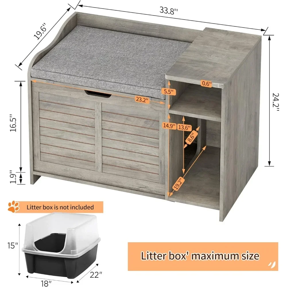 Litter Box Enclosure with Top Opening with Cushion, Litter Box Hidden, Cat House, Privacy Cat Litter Box Cabinet