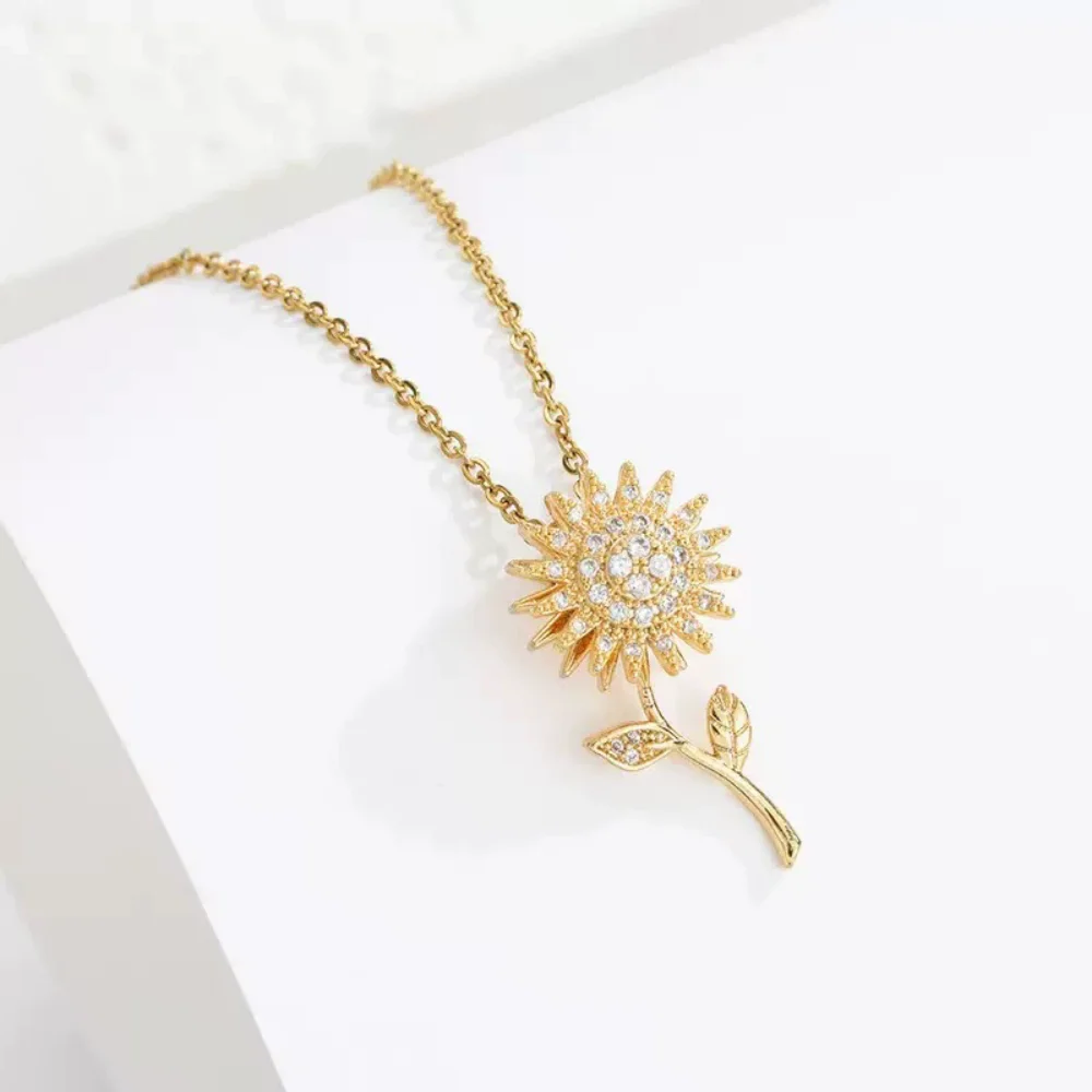 1Pc Unique 360° Rotatable Sunflower Necklace, Gold Rhinestone Pendant for Women, Great Gift for Girlfriend & Best Friend