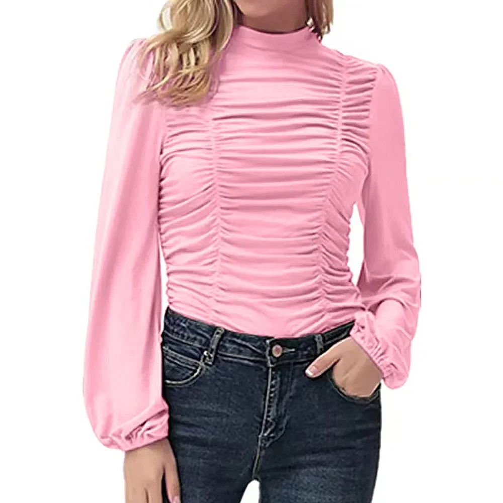 

Новый женский топ с длинными рукавами, весна-осень, женский сложенный топ с рукавами-фонариками, облегающая футболка, однотонный женский топ с рукавами