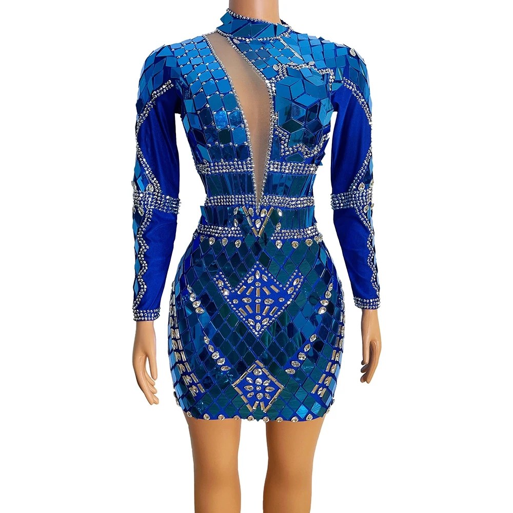 

Flashing Blue Mirrors Rhinestones Short Dress Women Birthday Celebrate Prom Party Dress Dance Costume Singer Show Stage Wear