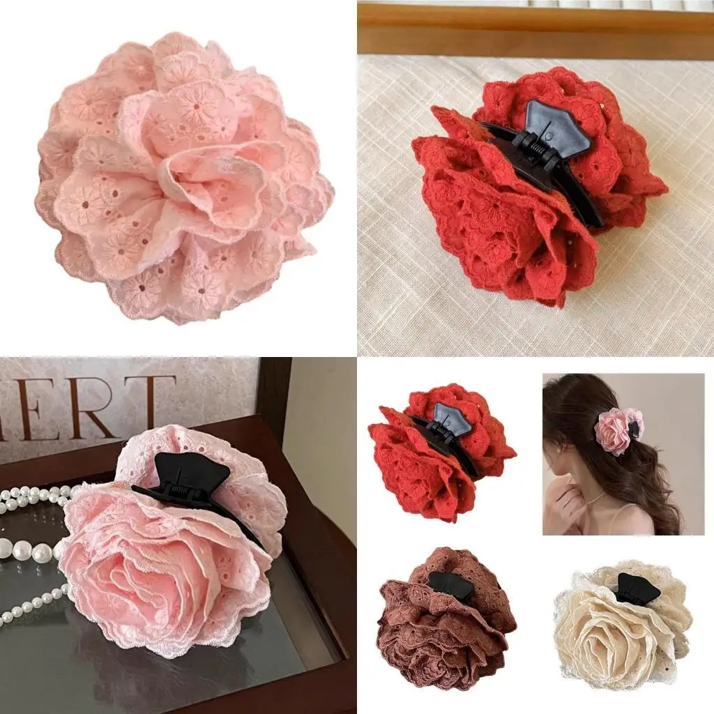 

652F Rose Claw Clip Lace Flower Hair Claw Clip Hair Barrettes Women Sweet Hair Decors