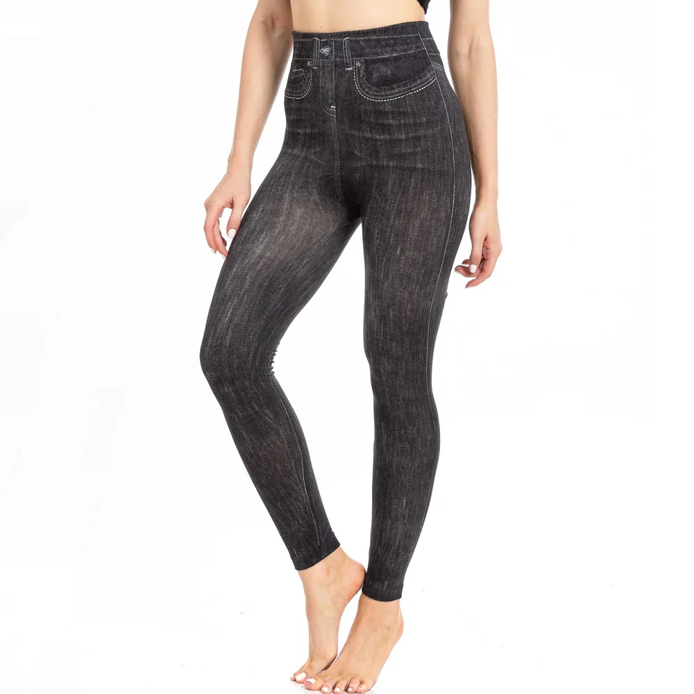 Leggings skinny a vita alta Donna Jeans imitazione Pantaloni da yoga Moda stampata Elastico Shapewear Fitness Jogging Collant da ciclismo