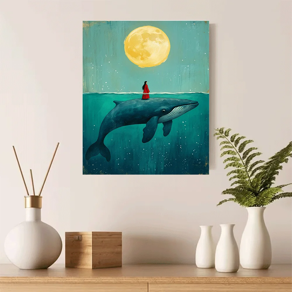 1PC-Unframed Canvas poster wall decoration  Woman in Red Dress Standing on Whale Under Full Moon Ocean Art Print