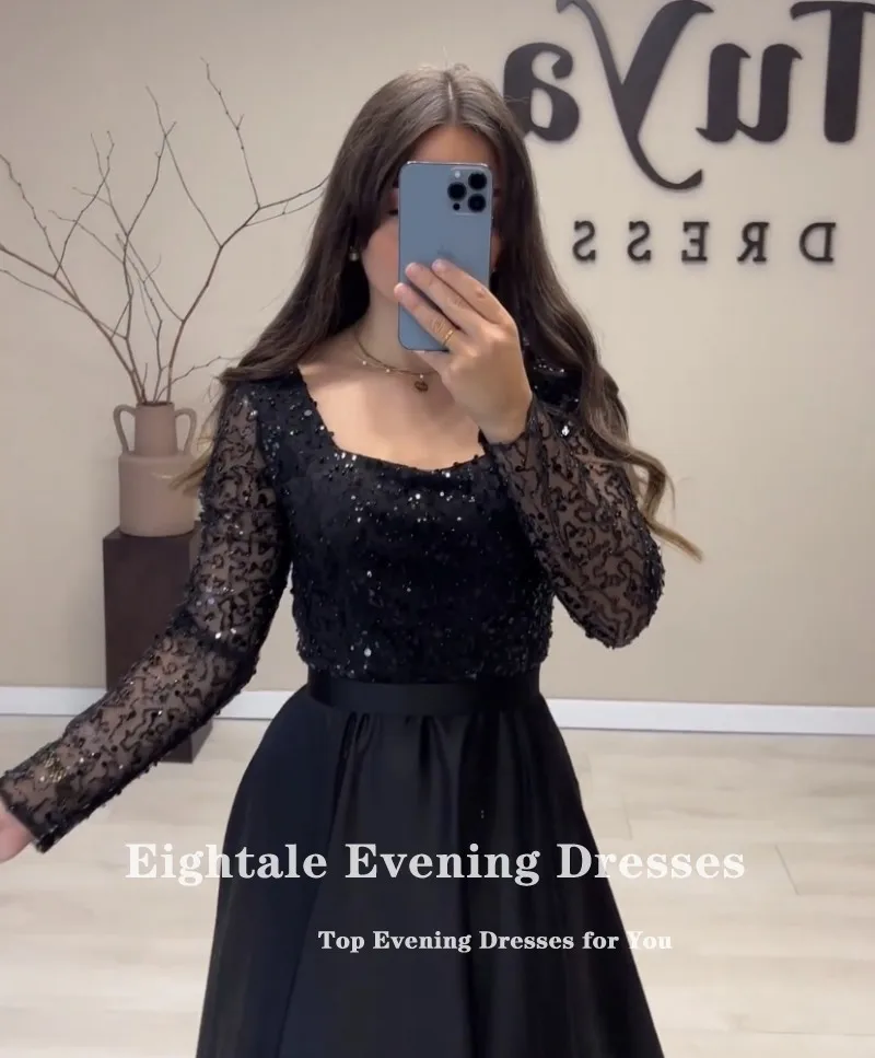 Eightale Vintage Evening Dresses V-Neck Satin Long Sleeves Shiny Sequin Beads A-Line Prom Wedding Party Gown Vestido De Fiesta