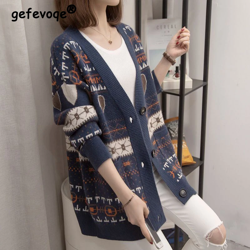 2023 Winter Women Vintage Jacquard Single Breasted Outewear Knitted Cardigan Female Casual V Neck Long Sleeve Loose Sweater Coat