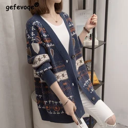 2023 Winter Dames Vintage Jacquard Single Breasted Outewear Gebreid Vest Dames Casual V-Hals Losse Trui Jas Met Lange Mouwen