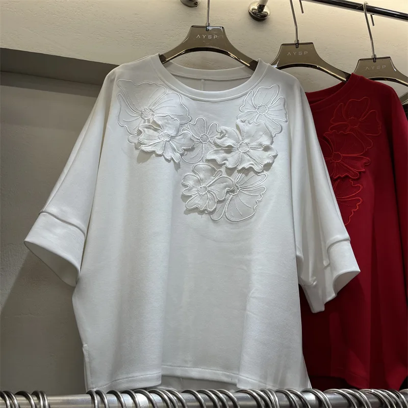 High-end Three-dimensional Flower White Short-sleeved T-shirt Women Summer 2025 New Y2k Versatile Youthful Beautiful Top Tshirts