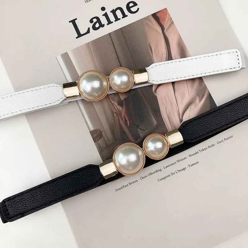 

Elegant Double Pearls Buckle Elastic Women Belts Thin Straps Lady Girl Dress Decoration Skirt Decor Waistbands Trouser