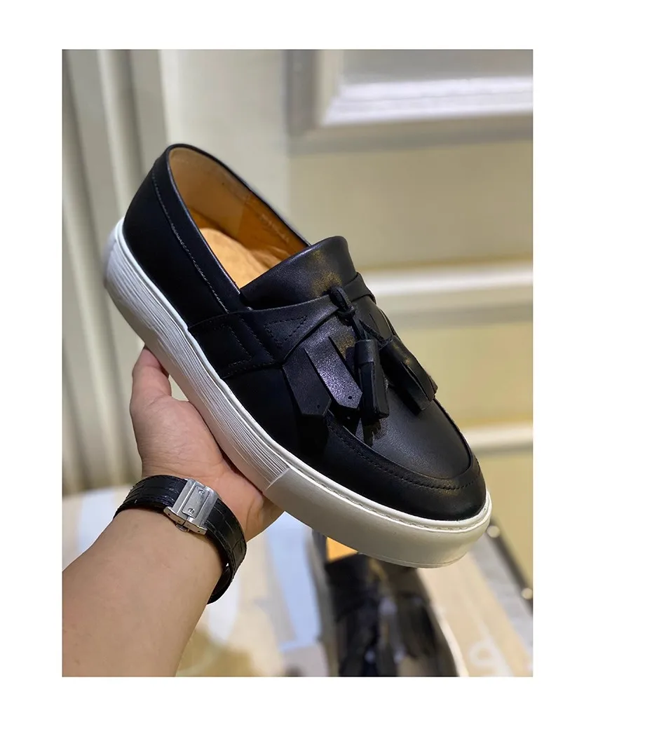 JINIWU 2026 Autumn Winter Black Upper White Sole Loafers Comfort Cow Leather Tassel Slip On Retro Fashion Men Shoes