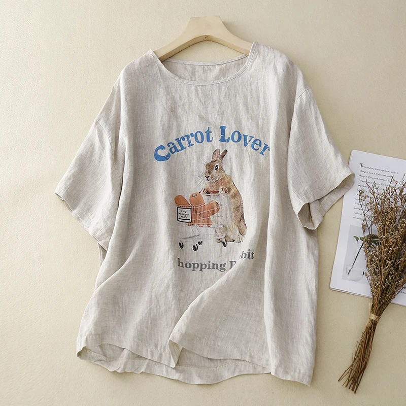 

Cotton Linen Short-sleeved Shirt Women's Loose-print Retro Pullover Casual Tops Tees T-shirt