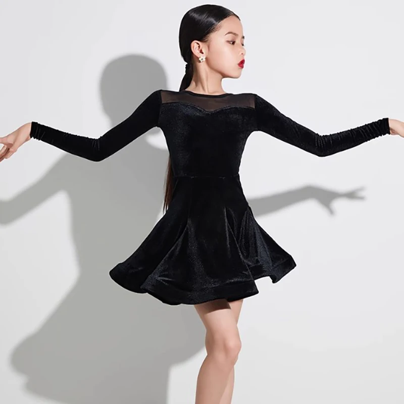 

Детский черный бархатный профессиональный боди с длинными рукавами и юбка, одежда для латинских танцев, детский костюм для бальных танцев чача для девочек