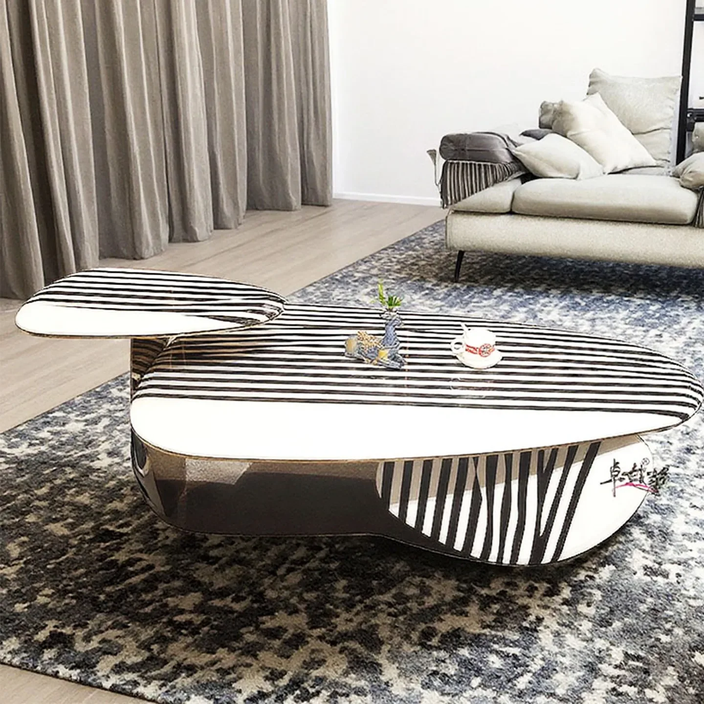 

TT stainless steel high and low zebra tea table living room small apartment marble coffee table combination metal edge table