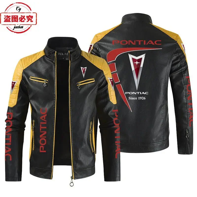 PONTIAC Logo Printed Racing Suit PU Leather Jacket Stand Up Collar Windproof Jacket, Adjacent To Tick Team Jacket Work Uniform