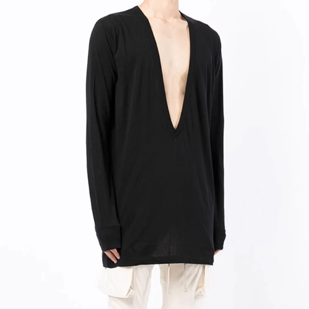 Dark RO Cotton High Street Tees Men's Deep V-neck Solid Color Fringed T-shirt Long Sleeved Loose Tank
