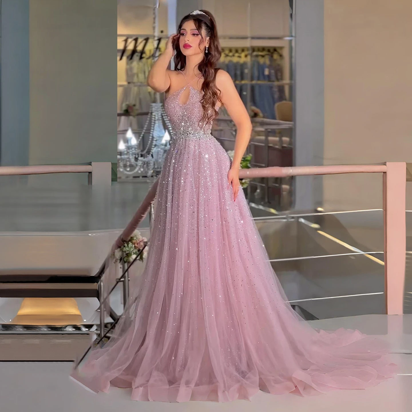 

Elegant Evening Dress Official Event Grand Banquet A-Line Halter Neck Backless Invisible Zipper Sleeveless Floor Length Beaded