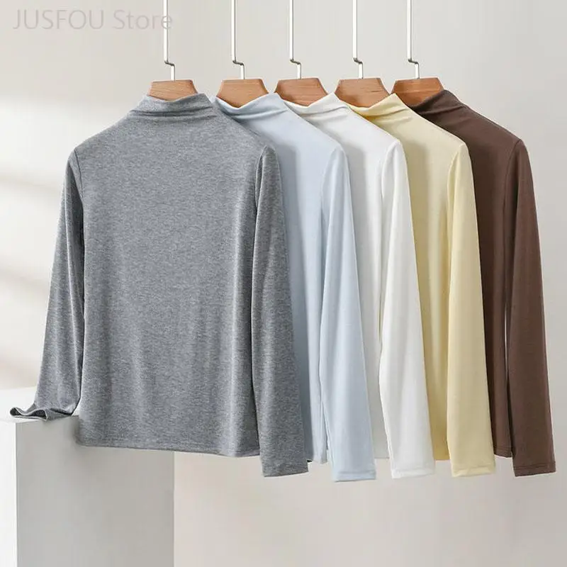 Women High Neck Modal Long Sleeve T Shirt Autumn Winter Solid Color Slim Fit Basic Bottoming Top Daily Inner Wear Casual Tee 4