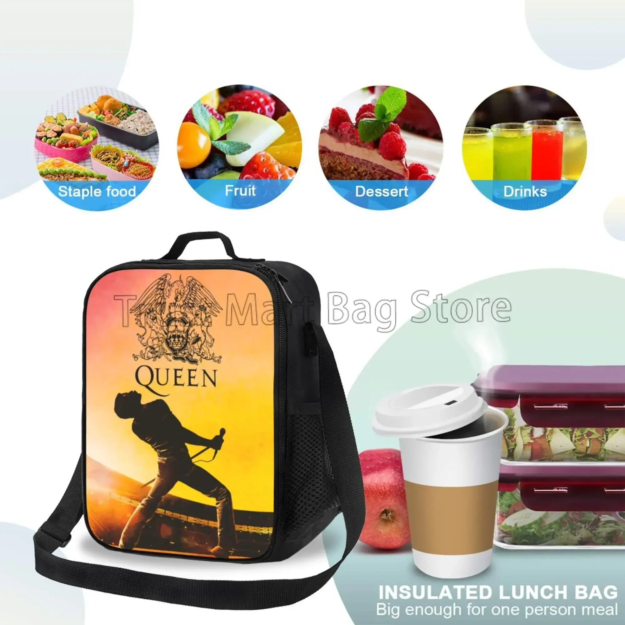 Freddie Mercury Queen Insulated Lunch Bag Reusable Thermal Tote with Adjustable Shoulder Strap for School Work Picnic