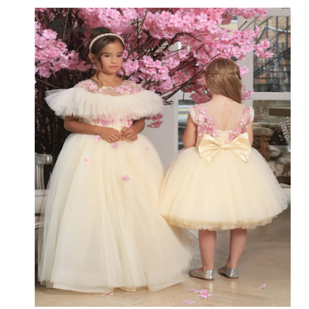 

Birthday Puffy Appliques Flower Girl Dresses O Neck Child Kids Bow Tulle Wedding Party Gowns Baby Holy Communion Dresses