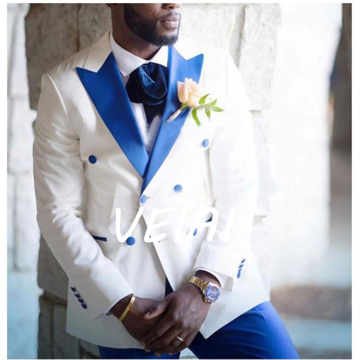 

White Blue New Style Slim Suit Casual Coat 2 Pieces Plus Size Wedding Business Men's Formal Blazer Pants Set