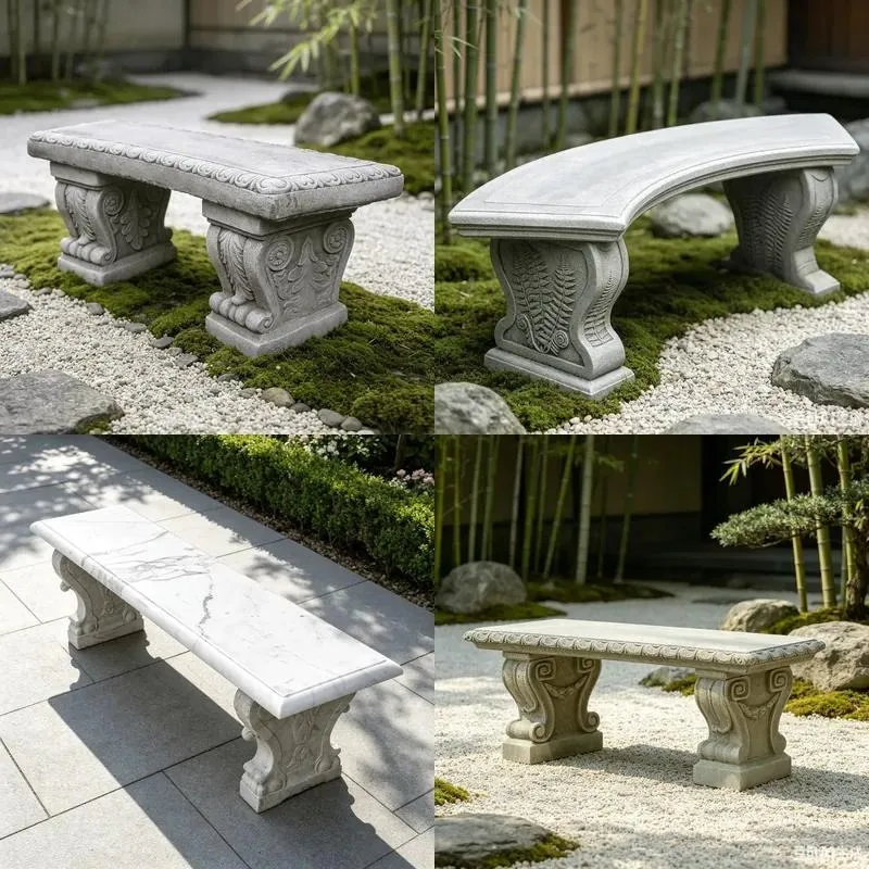 Customizable Natural Grey Granite Zen Garden Bench Hand Carved Plant Pattern Outdoor Terrace Stone Chair