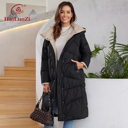 HaiLuoZi 2023 New Women's Down Coat Long Hood Warm Soft Female Outwear Solid Color Big Pocket Zipper Quilting Women Jackets 1106