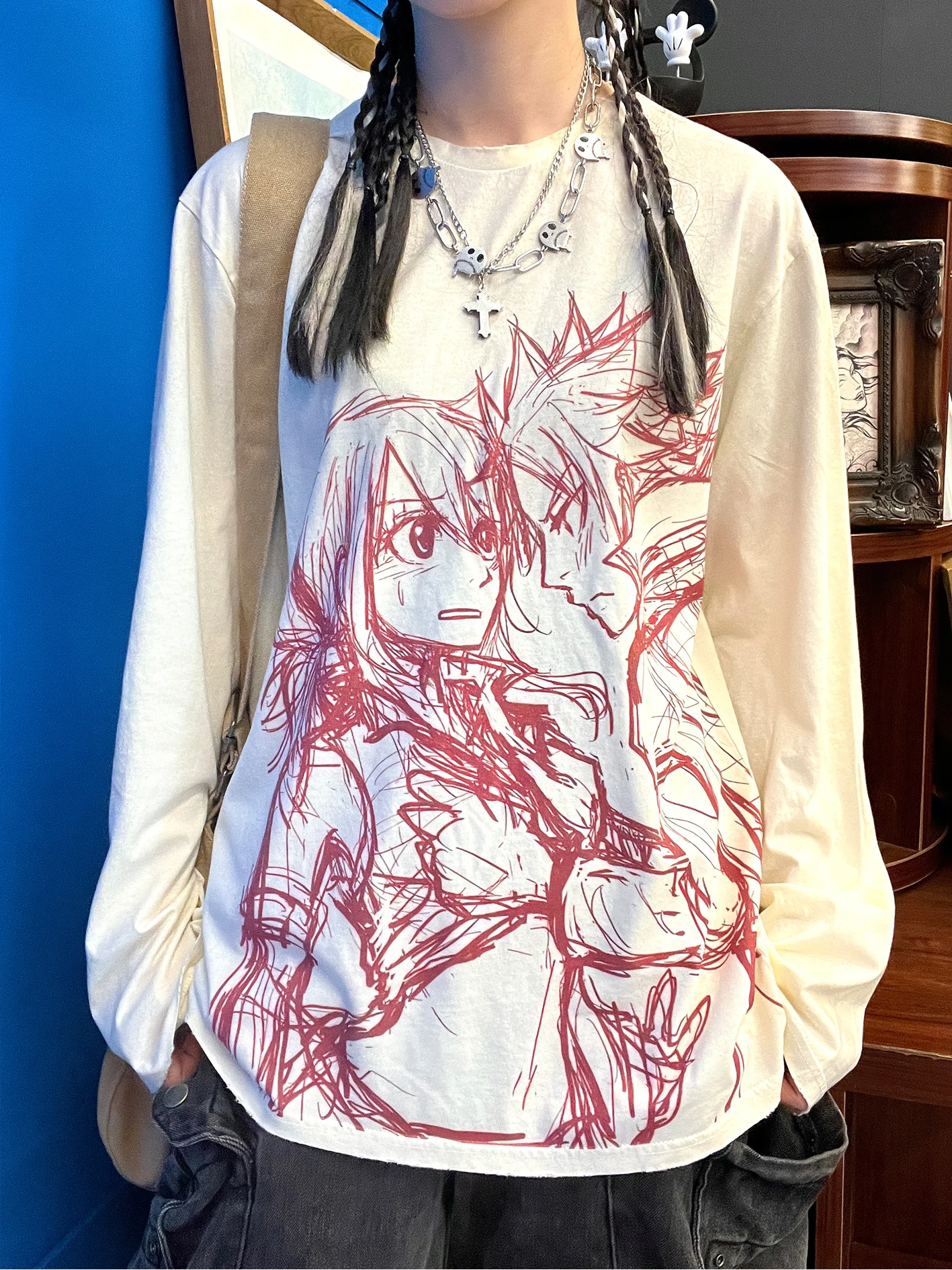 Red Anime Line Sketch Vintage Worn Long Sleeve Unisex Dirty T-Shirt Couple Matching Cotton Spandex Blend Comfortable Tee