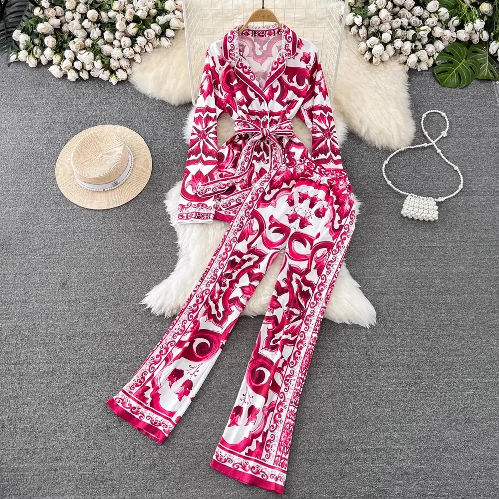 Autumn Fashion Runway Pants Suit Women\'s Long Sleeve Blue And White Porcelain Print Long Jacket + Pants 2 Pieces Set N8730